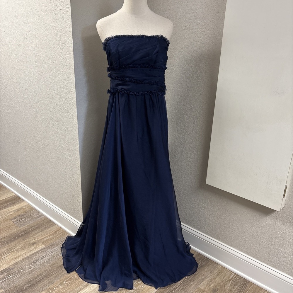 Monique Lhuillier Strapless Navy Blue Chiffon Gown Dress Sz 12 Wedding Formal